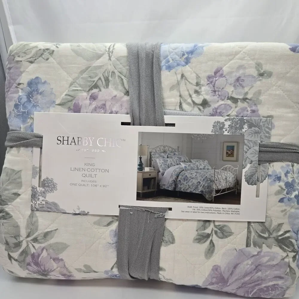 Shabby Chic Rose Floral KING Quilt Linen Cotton NEW Cottage Farmhouse Coquette